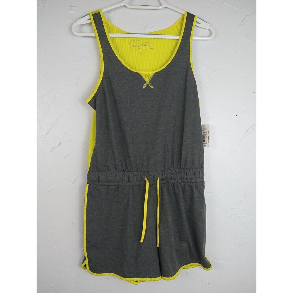 City Streets Shorts Jumper Ladies Medium Gray/Yellow Tank Drawstring Mesh Gym...